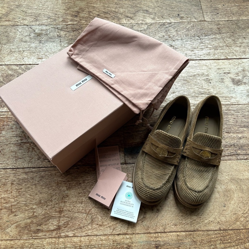 Authentic Miu Miu Tan Corduroy Penny Loafers size 38